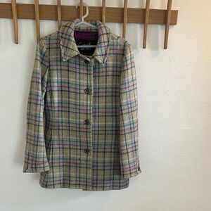 Coach Plaid Wool-Blend Pea Coat in Beige with Pink, Green & Blue Accents